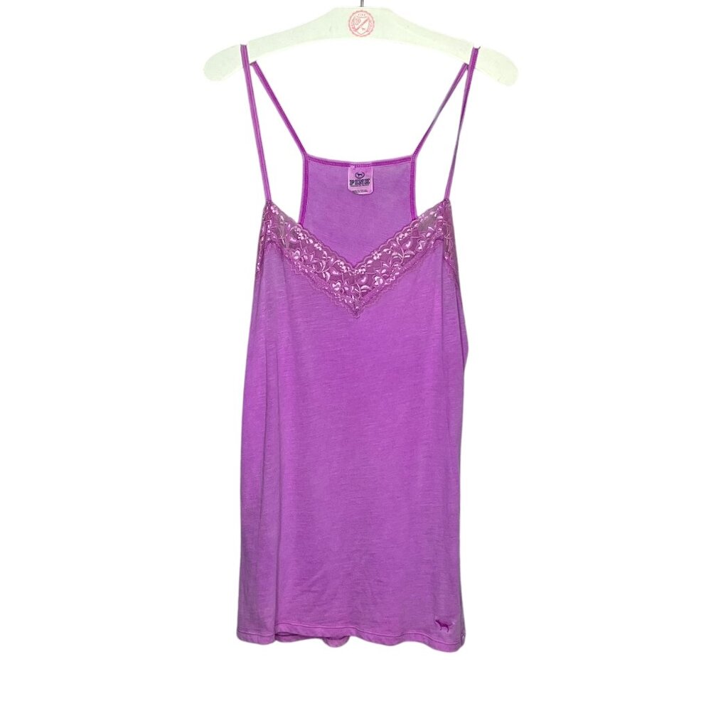 Vintage 00s Y2K Victoria's Secret PINK Large L Purple Lace Trim Layering Tank - Picture 2 of 5